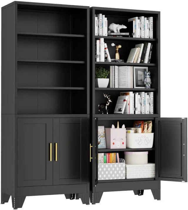 Main image of 71" Metal Bookcases and Bookshelves with 2 Doors and 4 Adjustable Shelves, Tall Black Storage Cabinet Industrial Modern Open Display Book Shelf for Living Room, Bedroom, Office (Black)