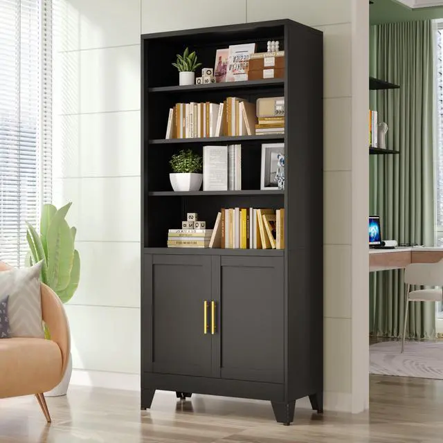 Alt view image 2 of 6 - 71" Metal Bookcases and Bookshelves with 2 Doors and 4 Adjustable Shelves, Tall Black Storage Cabinet Industrial Modern Open Display Book Shelf for Living Room, Bedroom, Office (Black)