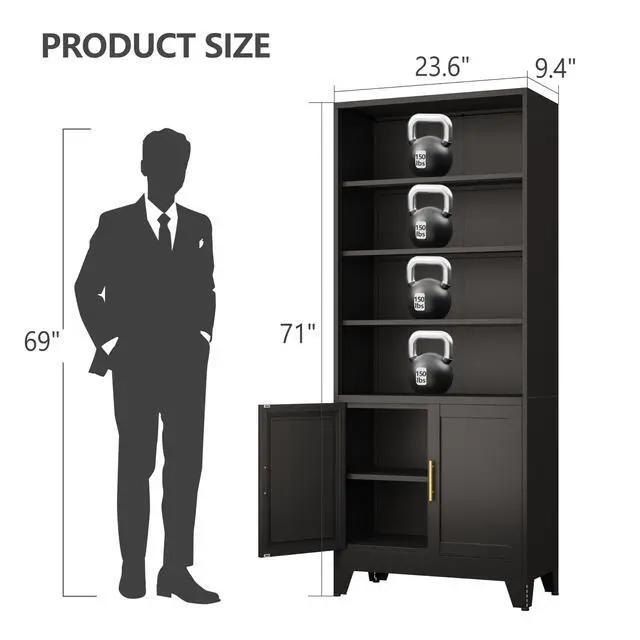 Alt view image 3 of 6 - 71" Metal Bookcases and Bookshelves with 2 Doors and 4 Adjustable Shelves, Tall Black Storage Cabinet Industrial Modern Open Display Book Shelf for Living Room, Bedroom, Office (Black)