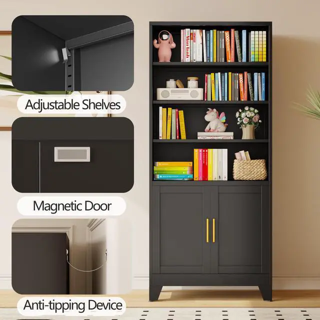 Alt view image 4 of 6 - 71" Metal Bookcases and Bookshelves with 2 Doors and 4 Adjustable Shelves, Tall Black Storage Cabinet Industrial Modern Open Display Book Shelf for Living Room, Bedroom, Office (Black)