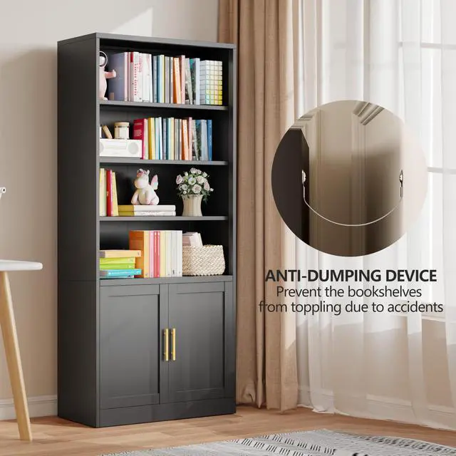 Alt view image 5 of 6 - 71" Metal Bookcases and Bookshelves with 2 Doors and 4 Adjustable Shelves, Tall Black Storage Cabinet Industrial Modern Open Display Book Shelf for Living Room, Bedroom, Office (Black)