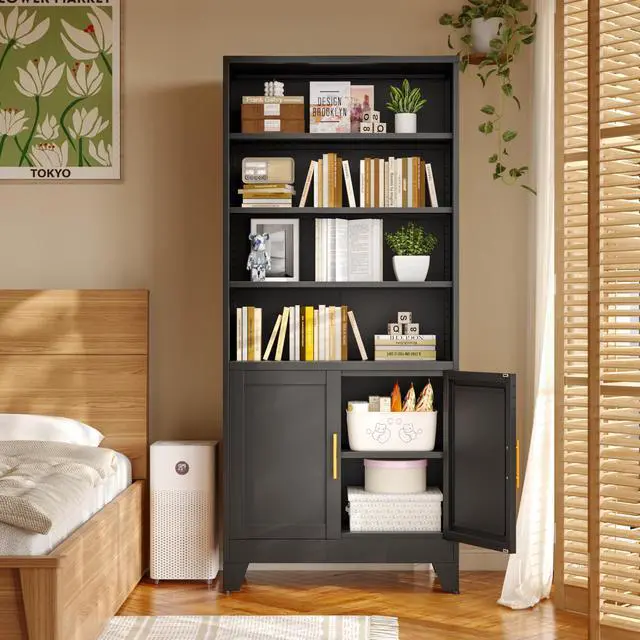 Alt view image 6 of 6 - 71" Metal Bookcases and Bookshelves with 2 Doors and 4 Adjustable Shelves, Tall Black Storage Cabinet Industrial Modern Open Display Book Shelf for Living Room, Bedroom, Office (Black)
