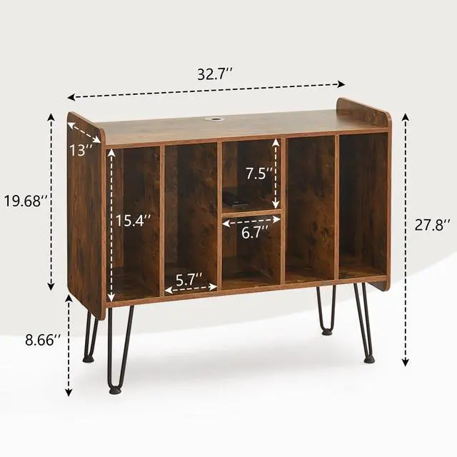 Alt view image 2 of 6 - Record Player Stand with Display Area, Wooden Turntable with Storage, Holds Up to 300 Albums (Brown)