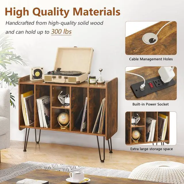 Alt view image 3 of 6 - Record Player Stand with Display Area, Wooden Turntable with Storage, Holds Up to 300 Albums (Brown)