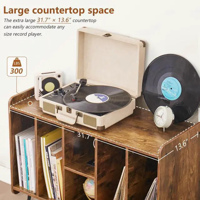 Alt view image 5 of 6 - Record Player Stand with Display Area, Wooden Turntable with Storage, Holds Up to 300 Albums (Brown)