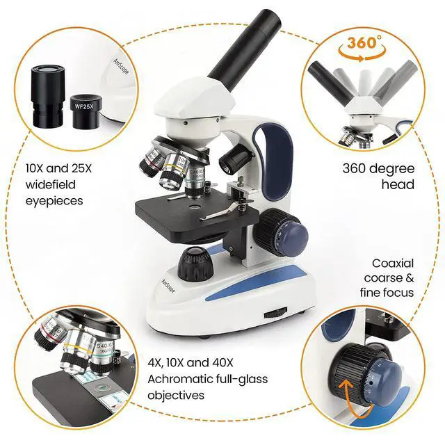 Alt view image 2 of 4 - 40X-1000X Cordless Dual LED Illumination Lab Compound Monocular Microscope + SP-14 Slide Preparation Kit with Blank & Prepared Slides and Stains