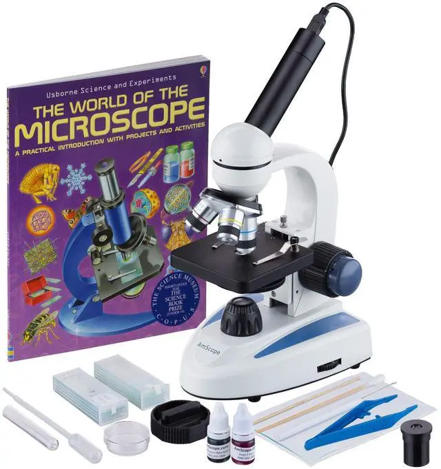 Main image of M158C-SP14-WM-E 40X-1000X Biology Science Metal Glass Student Microscope with USB Digital Camera, Slide Preparation Kit and Book