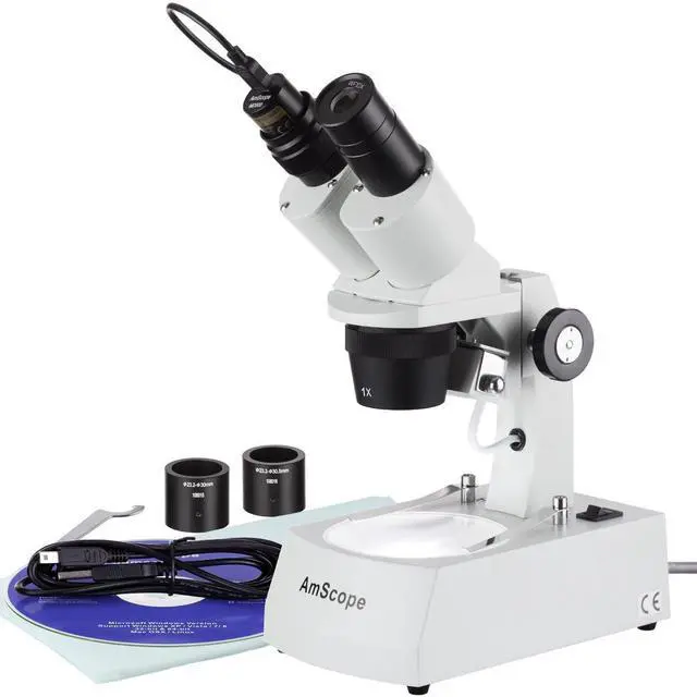 Main image of SE305R-AZ-E Digital Forward-Mounted Binocular Stereo Microscope, WF10x and WF20x Eyepieces, 10X/20X/30X/60X Magnification, 1X and 3X Objectives, Upper and Lower Halogen Light Source, Arm Stand, 120V,