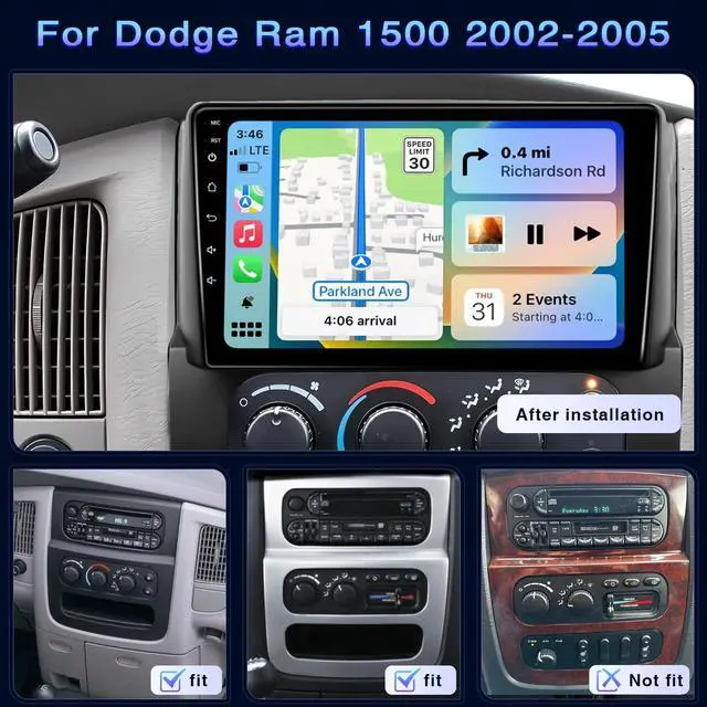 Alt view image 2 of 6 - 4G+64GGB 9" Car Radio for Dodge RAM 2003 2004 2005 with Wireless Carplay Android Auto GPS Navigation Bluetooth FM WiFi SWC Android 15