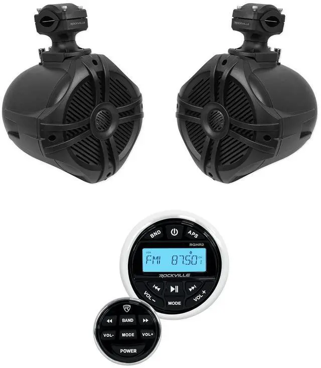 Main image of RGHR2 Bundle: 1 Marine Gauge Hole Receiver w/Bluetooth, USB, AM/FM + (1) Pair RWB70B 6.5" Marine Wakeboard 360° Swivel Tower Speakers, Waterproof, 2-Piece
