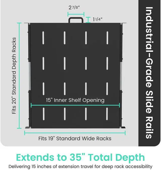 Alt view image 3 of 6 - 1U Sliding Rack Shelf with Handle for Server Racks - Extendable from 20 to 35 inches - Fits Standard 19 inch x 20 inch 4 Post Rack - Supports 44 lbs, Ideal 1U Rack Drawer (4 Pack)