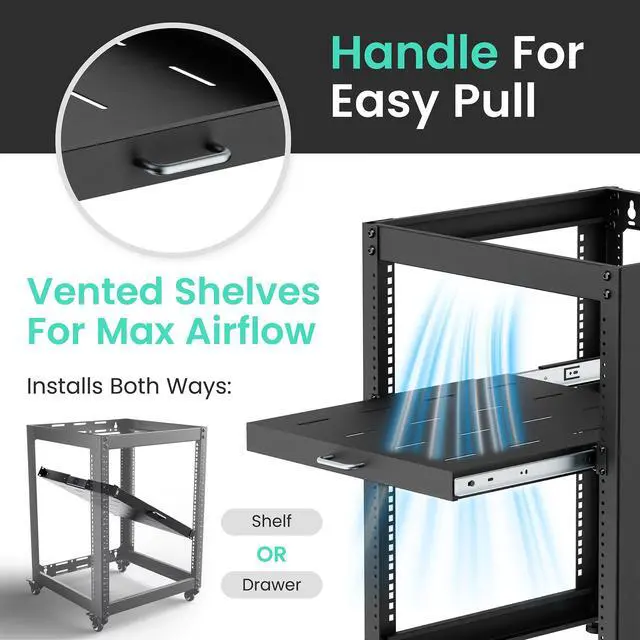 Alt view image 6 of 6 - 1U Sliding Rack Shelf with Handle for Server Racks - Extendable from 20 to 35 inches - Fits Standard 19 inch x 20 inch 4 Post Rack - Supports 44 lbs, Ideal 1U Rack Drawer (3 Pack)