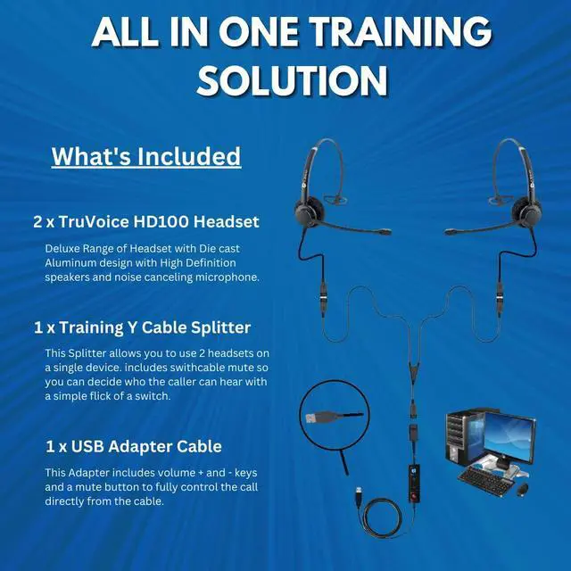 Alt view image 2 of 5 - Computer Headset Bundle for Training | Monitoring | Supervising: Includes 2 x HD100 Headset with NC Microphone, Training Splitter Y Cable and USB Adapter Compatible with PC and Softphones