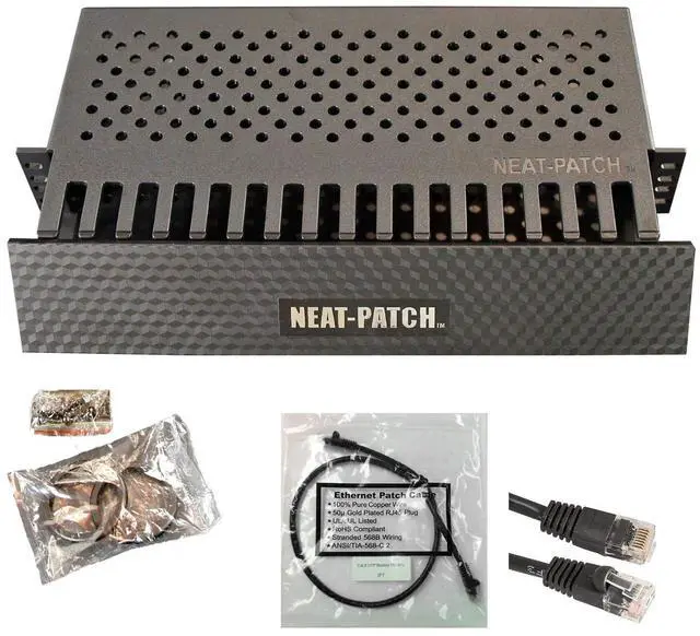 Main image of Neat Patch 2U Cable Management Kit - 2 Packs w/ 48 CAT6 Patch Cables (2FT Black)