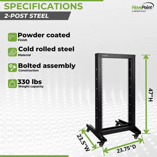 Alt view image 4 of 5 - 22U 2 Post Open Frame Server Rack with Casters for 19 Inch Equipment, Networking, and IT Devices, 2-Post Rack 330lbs Weight Capacity, Black