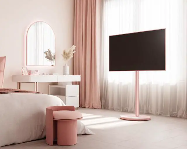 Alt view image 2 of 6 - Mobile Rolling TV Cart for 32-65 Inches Television, Modern Corner TV Floor Stand on Wheels Fits Max VESA 400x400mm, V2 Portable Smart Television Cart,Pink, Master Series