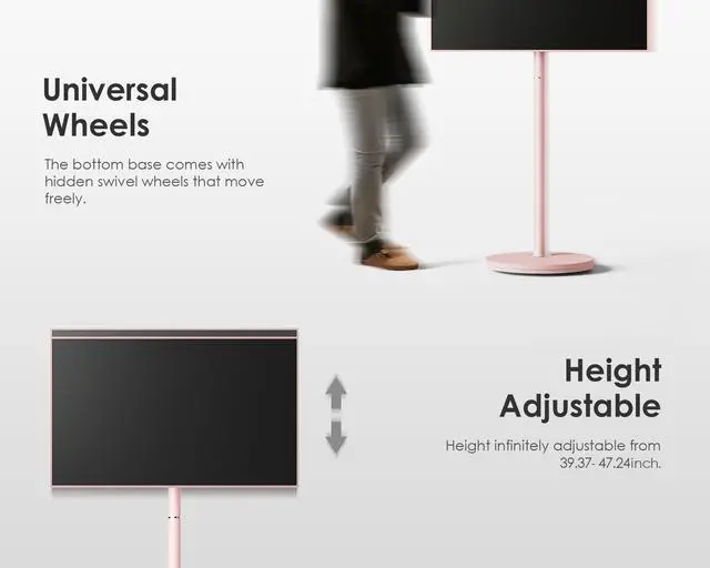 Alt view image 5 of 6 - Mobile Rolling TV Cart for 32-65 Inches Television, Modern Corner TV Floor Stand on Wheels Fits Max VESA 400x400mm, V2 Portable Smart Television Cart,Pink, Master Series