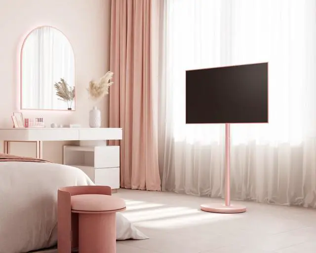Alt view image 2 of 6 - Small Rolling TV Cart for 24-48 Inches Television, Minimalist Modern TV Floor Stand on Wheels Fits Max VESA 200x200mm, V2 Portable Smart Television Stands, Pink, Master Series