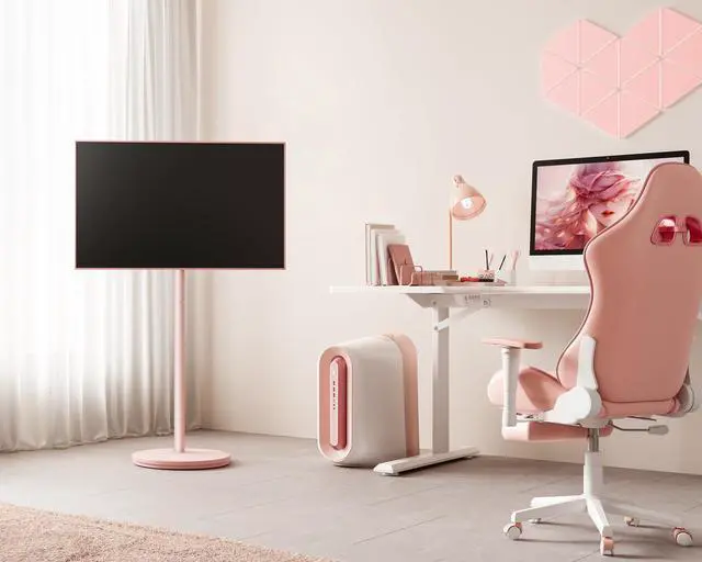 Alt view image 3 of 6 - Small Rolling TV Cart for 24-48 Inches Television, Minimalist Modern TV Floor Stand on Wheels Fits Max VESA 200x200mm, V2 Portable Smart Television Stands, Pink, Master Series