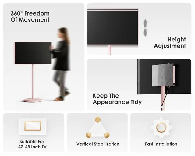 Alt view image 6 of 6 - Small Rolling TV Cart for 24-48 Inches Television, Minimalist Modern TV Floor Stand on Wheels Fits Max VESA 200x200mm, V2 Portable Smart Television Stands, Pink, Master Series
