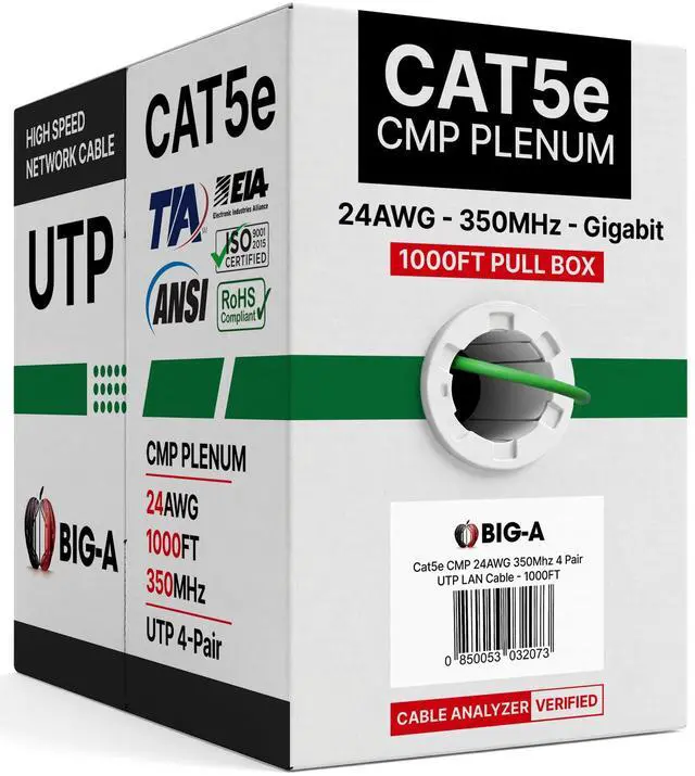 Main image of Plenum Ethernet Cable 1000ft, Bulk Cat5e Cable (CMP) Gigabit Solid Network Wire, 350MHz Cat5e Ethernet Cord, Unshielded Twisted Pair (UTP) - Green