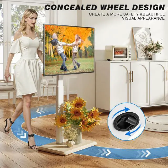 Alt view image 2 of 6 - Rolling TV Stand with Hidden Wheels for 24 to 60 Inch TVs, 60° Swivel & Height Adjustable Floor TV Stand with Mount, Saving Space Mobile TV Cart Holds up to 88lbs for Bedroom, Corner