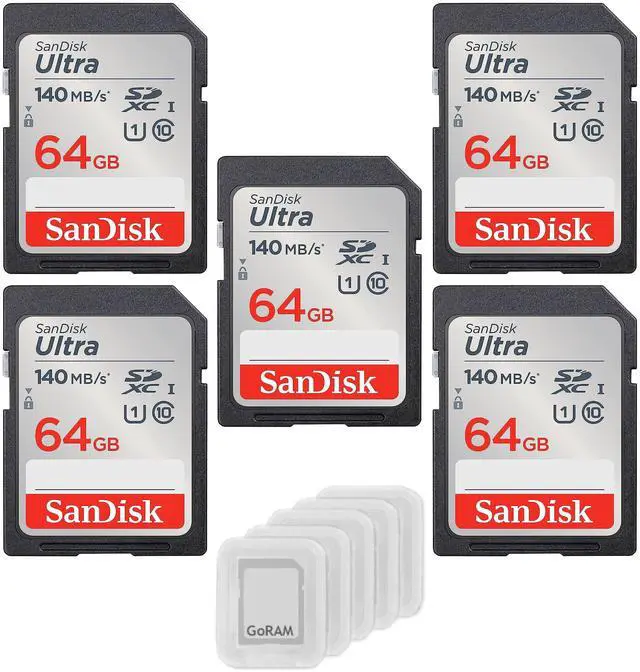 Main image of 64GB Ultra SDXC UHS-I Class 10 Memory Card 140MB/s U1, Full HD, SD Camera Card SDSDUNB-064G (5 Pack) Bundle with (5) GoRAM Plastic Cases