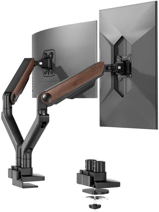Main image of Monitor Stand, Heavy Duty Dual Monitor Arm for Ultrawide Screen up to 39" and 44 Lbs, Adjustable Gas Spring Arm with C Clamp & Grommet Base for Gaming Office, 75/100 VESA Mount, Wood Grain