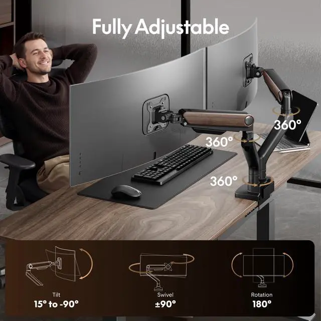 Alt view image 2 of 6 - Monitor Stand, Heavy Duty Dual Monitor Arm for Ultrawide Screen up to 39" and 44 Lbs, Adjustable Gas Spring Arm with C Clamp & Grommet Base for Gaming Office, 75/100 VESA Mount, Wood Grain