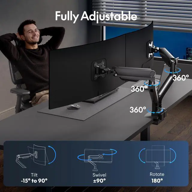 Alt view image 2 of 6 - Monitor Stand, Heavy Duty Dual Monitor Arm for Ultrawide Screen up to 39" and 44 Lbs, Adjustable Gas Spring Arm with C Clamp & Grommet Base for Gaming Office, 75/100 VESA Mount, Black