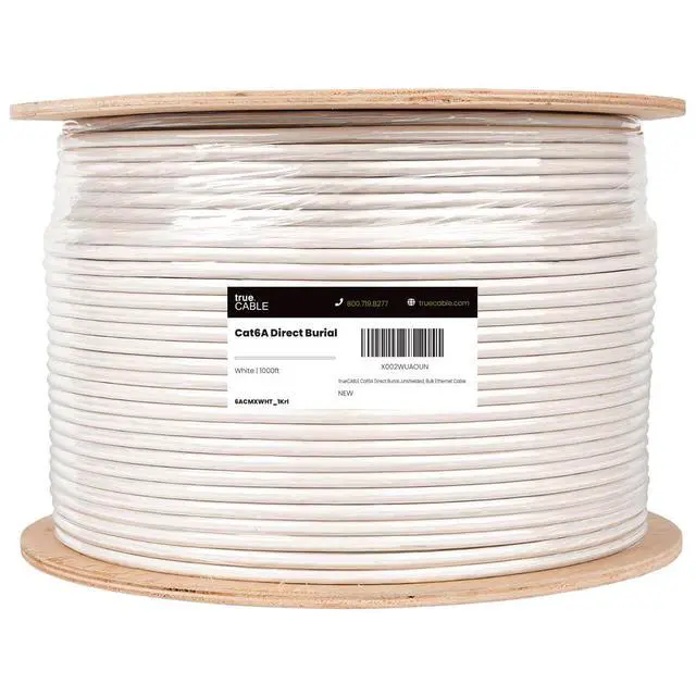 Alt view image 2 of 4 - Cat6A Direct Burial Bulk Ethernet Cable, 1000ft, White, Waterproof, Outdoor Rated OSP, 23AWG Solid Bare Copper, 750MHz, PoE++ 100W, Unshielded UTP