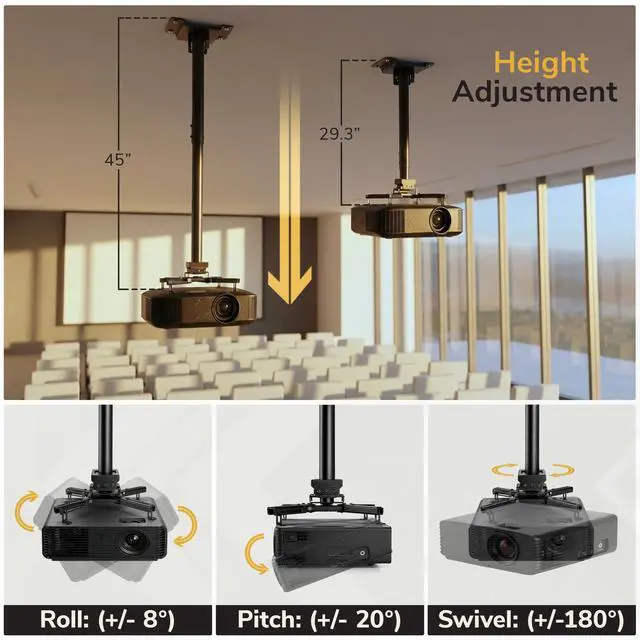 Alt view image 5 of 6 - PRO Heavy Duty Projector Ceiling Mount, Commercial Grade, 77 lb Capacity, 29.345.1 in Extension, Full Motion, Universal Ceiling Projector Bracket