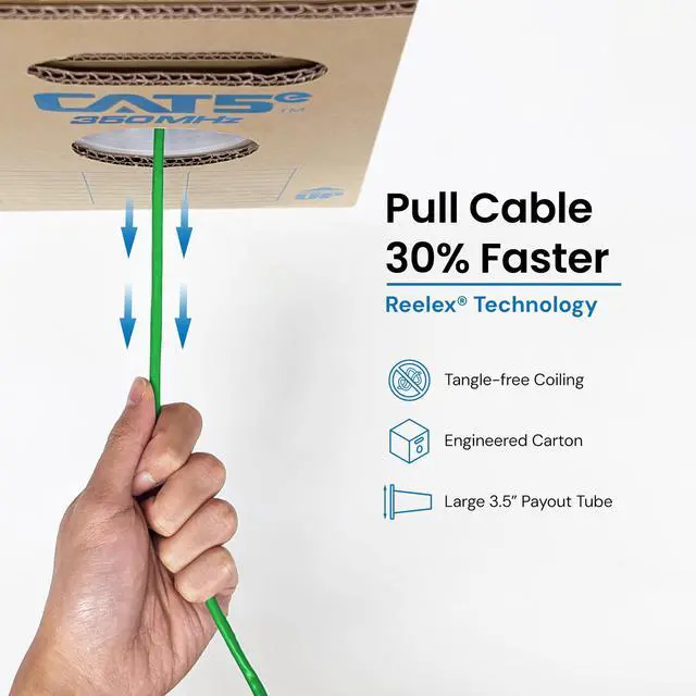Alt view image 3 of 6 - Cat5e CMR Riser 1000ft - UTP 24AWG, 100% Solid Pure Copper, Unshielded, Bulk Ethernet Cable, PoE++, 350MHz, Reelex Pull Box, UL Certified, RoHS, TAA and NEC Compliant, Green