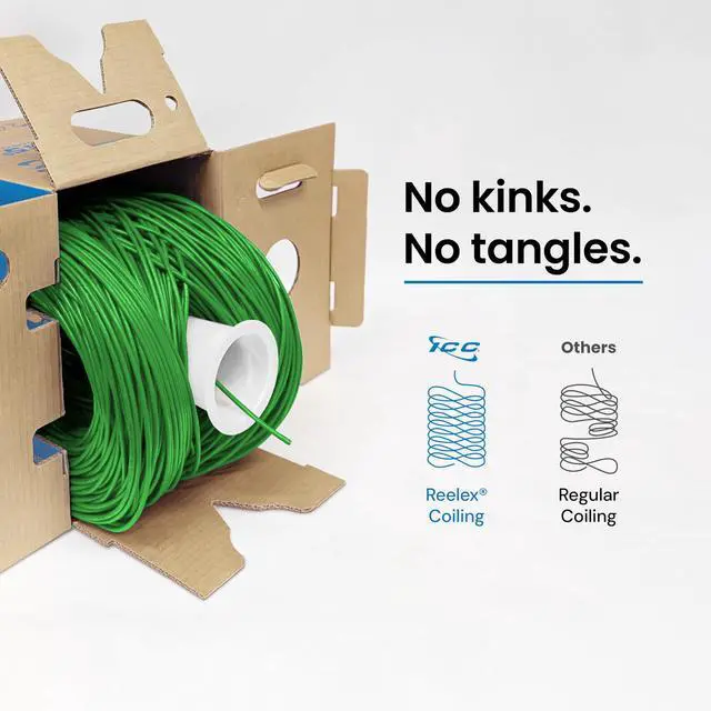Alt view image 4 of 6 - Cat5e CMR Riser 1000ft - UTP 24AWG, 100% Solid Pure Copper, Unshielded, Bulk Ethernet Cable, PoE++, 350MHz, Reelex Pull Box, UL Certified, RoHS, TAA and NEC Compliant, Green