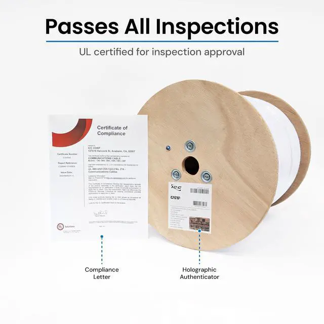 Alt view image 6 of 6 - Cat6A CMR Riser 1000ft - UTP 23AWG, 100% Solid Pure Copper, Unshielded, Bulk Ethernet Cable on Reel, PoE++, 650MHz, UL Certified, RoHS, TAA and NEC Compliant, White