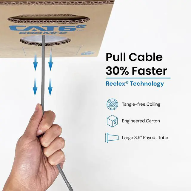 Alt view image 3 of 6 - Cat6e CMR Riser 1000ft - UTP 23AWG, 100% Solid Pure Copper, Unshielded, Bulk Ethernet Cable, PoE++, 600MHz, Reelex Pull Box, UL Certified, RoHS, TAA and NEC Compliant, Gray