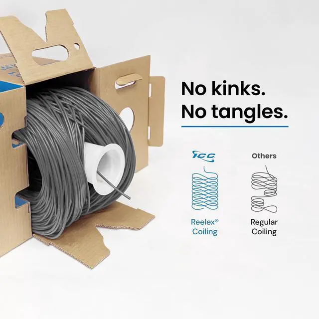 Alt view image 4 of 6 - Cat6e CMR Riser 1000ft - UTP 23AWG, 100% Solid Pure Copper, Unshielded, Bulk Ethernet Cable, PoE++, 600MHz, Reelex Pull Box, UL Certified, RoHS, TAA and NEC Compliant, Gray