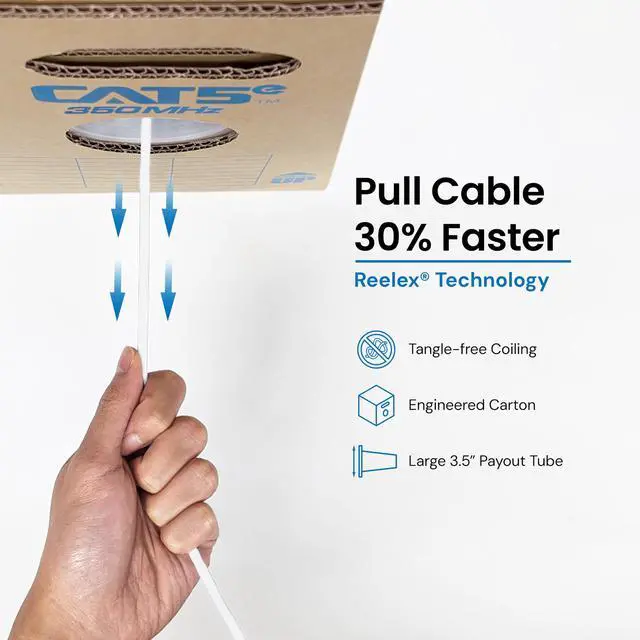 Alt view image 3 of 6 - Cat5e CMR Riser 1000ft - UTP 24AWG, 100% Solid Pure Copper, Unshielded, Bulk Ethernet Cable, PoE++, 350MHz, Reelex Pull Box, UL Certified, RoHS, TAA and NEC Compliant, White