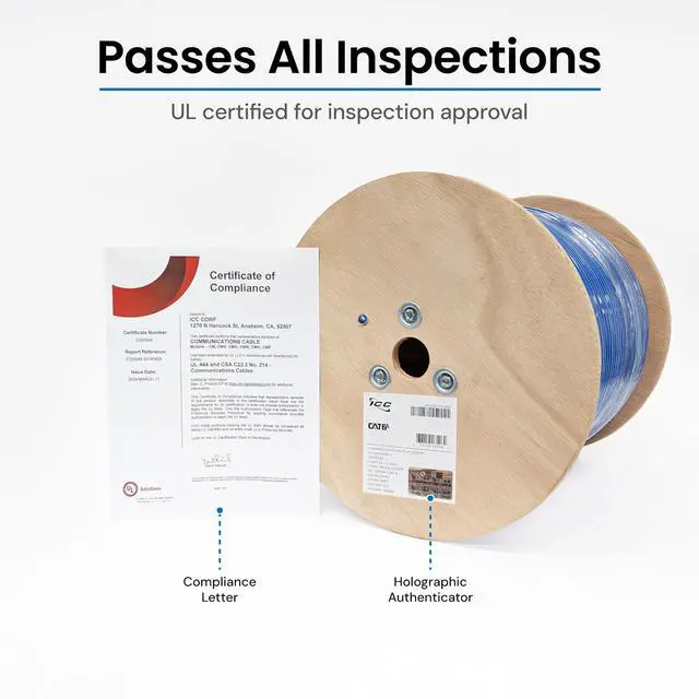 Alt view image 6 of 6 - Cat6A CMR Riser 1000ft - UTP 23AWG, 100% Solid Pure Copper, Unshielded, Bulk Ethernet Cable on Reel, PoE++, 650MHz, UL Certified, RoHS and TAA Compliant, Blue