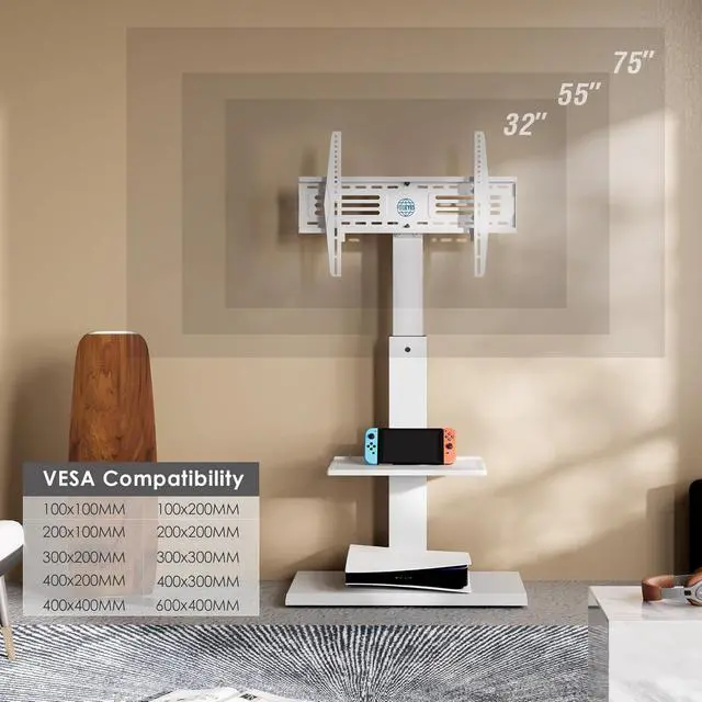 Alt view image 3 of 6 - Floor TV Stands with Swivel Tilt Mount for 32 39 40 43 49 50 55 60 65 70 75 Inch LCD LED TVs with Iron Base Adjustable Shelf Universal Television Stands for Bedroom and Living Room (White)
