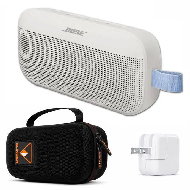 Main image of NEW SoundLink Flex Portable Bluetooth Speaker (2nd Gen), Outdoor Speaker with Hi-Fi Audio, Up to 12 Hours Battery, Waterproof and Dustproof, + Slinger Hard Travel Case & USB Plug (Fog Gray)