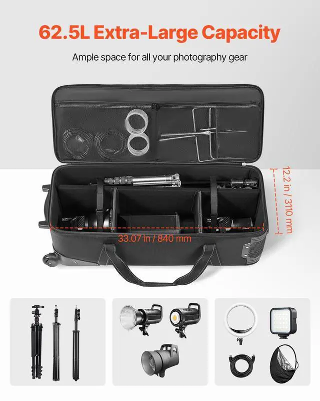 Alt view image 2 of 6 - Studio Equipment Trolley Case, 35.83 x 11.81 x 14 in / 91 x 30 x 35.5 cm, Rolling Camera Bag, Carrying Bag with Wheels Straps Padded Compartment Handle, for Light Stands, Tripods, Telescopes