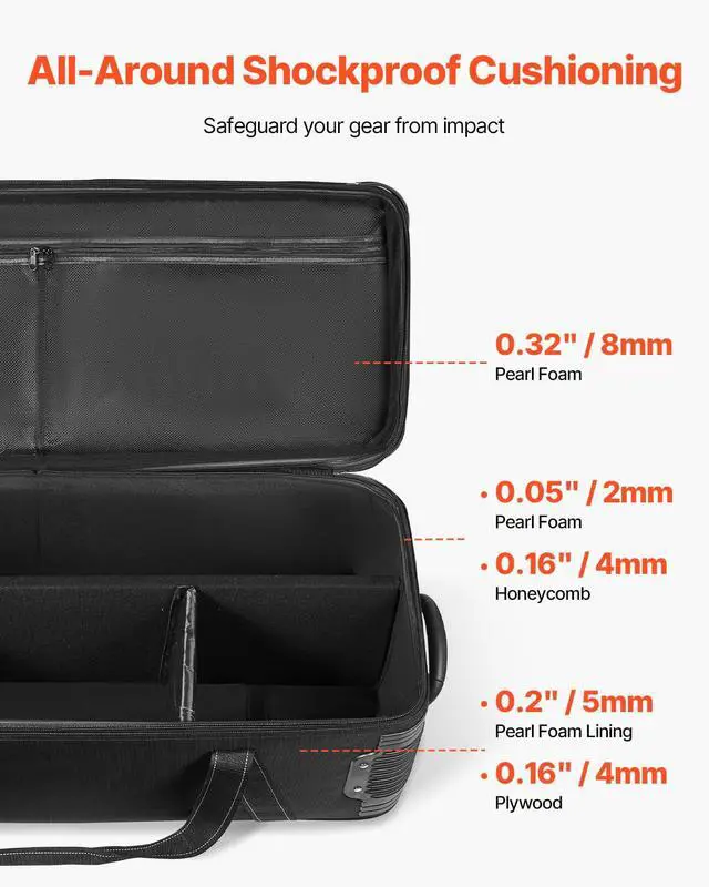 Alt view image 5 of 6 - Studio Equipment Trolley Case, 35.83 x 11.81 x 14 in / 91 x 30 x 35.5 cm, Rolling Camera Bag, Carrying Bag with Wheels Straps Padded Compartment Handle, for Light Stands, Tripods, Telescopes