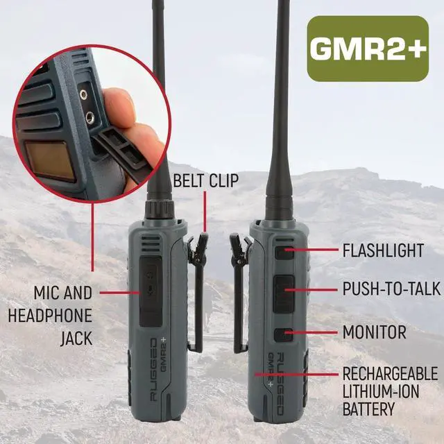 Alt view image 3 of 6 - 2 Pack GMR2 Plus GMRS Handheld Two Way Radio Grey 2 Watt Long Range Walkie Talkie for Hiking Off Roading Events Warehouse Communication