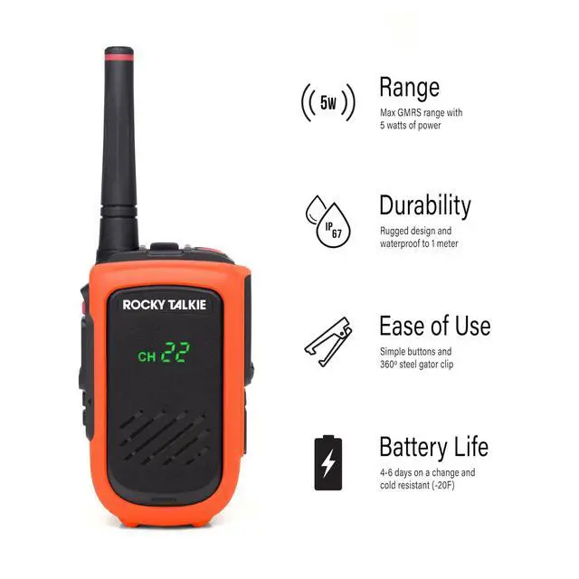 Alt view image 2 of 6 - Hi-Viz Expedition 5 Watt Radio with Waterproof Hand Mic - GMRS Radio with IP67 Waterproofing, Long Range Walkie Talkie, NOAA Weather Alerts, 5 Day Battery Life, 1 Pack