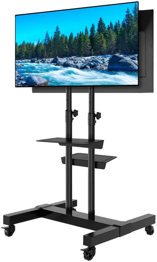 Main image of Mobile TV Stand Rolling TV Cart Floor Stand with Mount on Lockable Wheels Height Adjustable Shelf for 32-83 Inch TV Stand Flat Screen or Curved TVs Monitors Display Trolley (Black with 2 TV Brackets)