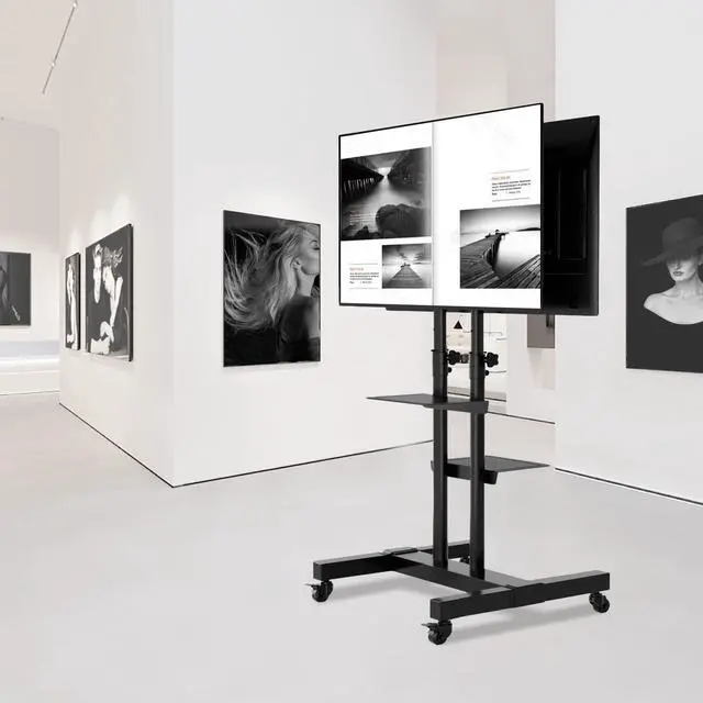 Alt view image 3 of 6 - Mobile TV Stand Rolling TV Cart Floor Stand with Mount on Lockable Wheels Height Adjustable Shelf for 32-83 Inch TV Stand Flat Screen or Curved TVs Monitors Display Trolley (Black with 2 TV Brackets)