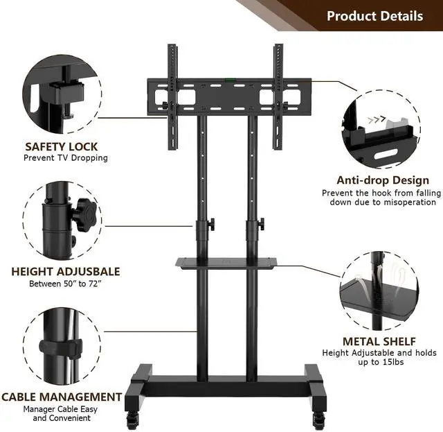 Alt view image 4 of 6 - Mobile TV Stand Rolling TV Cart Floor Stand with Mount on Lockable Wheels Height Adjustable Shelf for 32-83 Inch TV Stand Flat Screen or Curved TVs Monitors Display Trolley (Black with 2 TV Brackets)