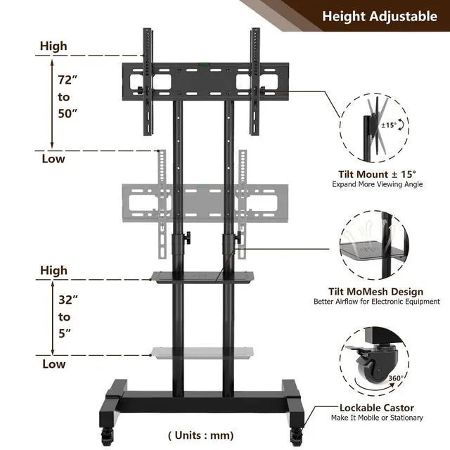 Alt view image 5 of 6 - Mobile TV Stand Rolling TV Cart Floor Stand with Mount on Lockable Wheels Height Adjustable Shelf for 32-83 Inch TV Stand Flat Screen or Curved TVs Monitors Display Trolley (Black with 2 TV Brackets)