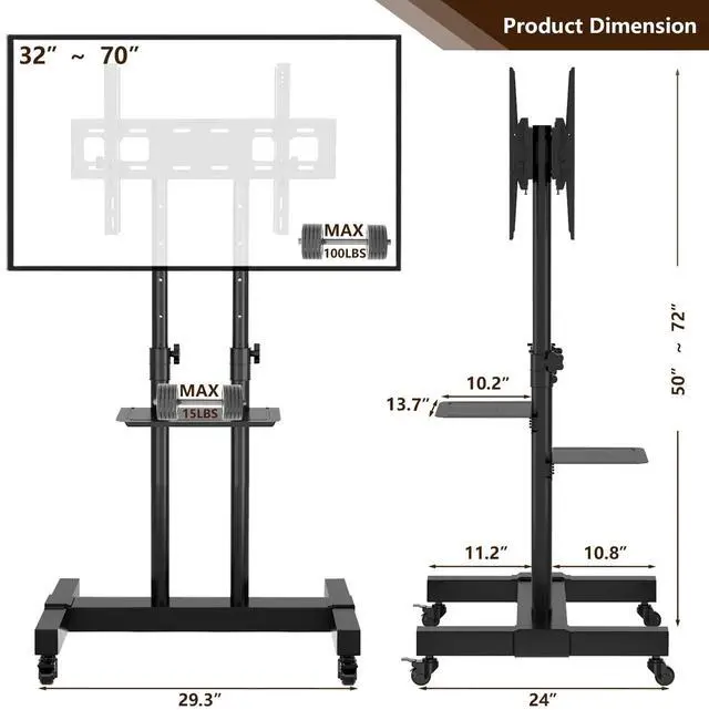 Alt view image 6 of 6 - Mobile TV Stand Rolling TV Cart Floor Stand with Mount on Lockable Wheels Height Adjustable Shelf for 32-83 Inch TV Stand Flat Screen or Curved TVs Monitors Display Trolley (Black with 2 TV Brackets)